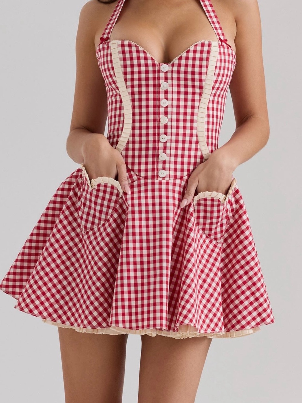 Retro Gingham Halter Mini Dress in Red and Cream HOUSE OF CB